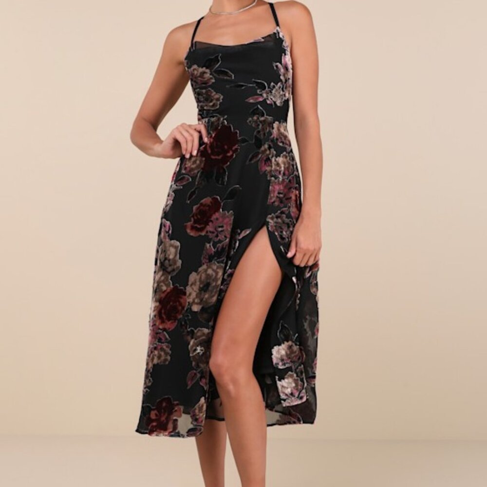 Lulu's Black Floral Midi Dress with Burgundy and Blush Accents